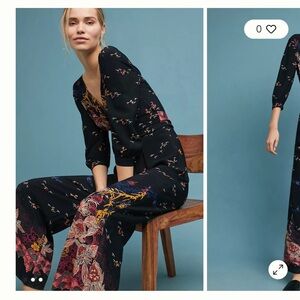 Anthropologie Feather Bone Black Jumpsuit V-Neck Bishop Sleeve